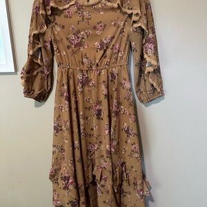 Joyfolie Brown Tan Casual Sundress with Bishop Sleeves